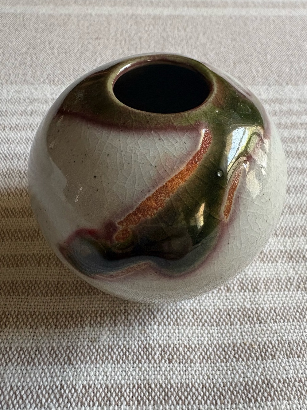 Vintage Japanese Glazed Ceramic Pottery Bud Vase Art Grey Green & Brown Accents